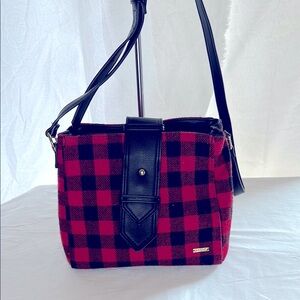 CHARLIE PAGE red and black plaid crossbody handbag.